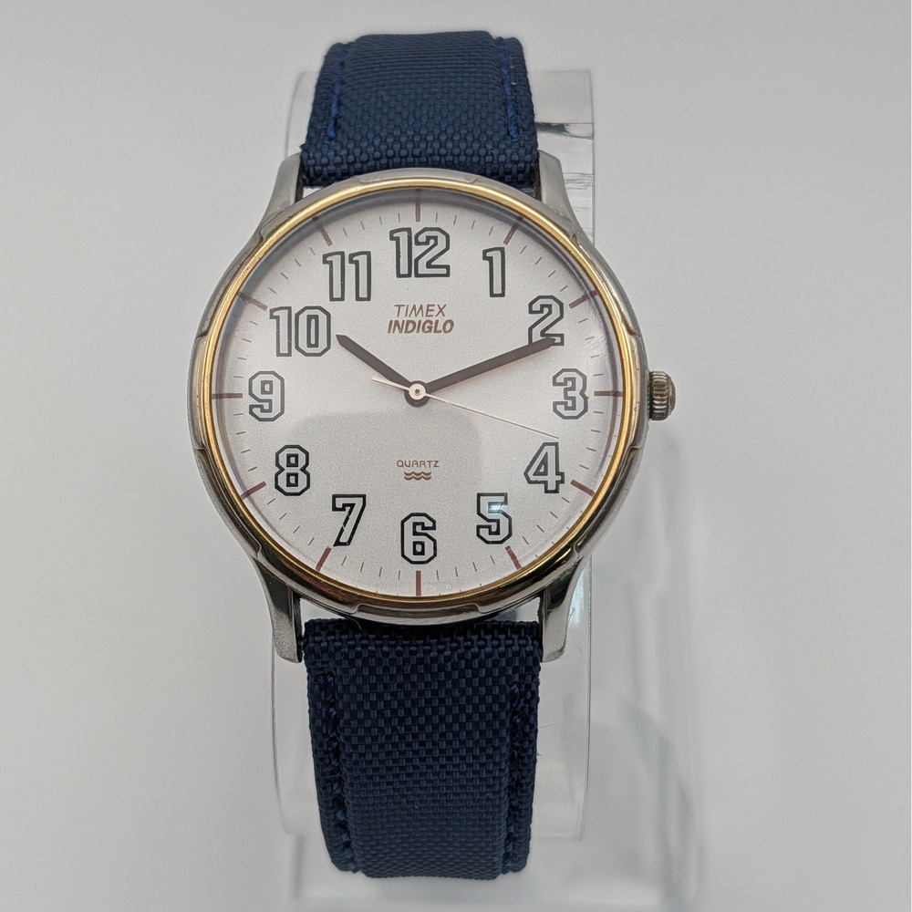 Timex‎ Indiglo White Dial Quartz Watch 35mm Blue Strap Arabic Numerals